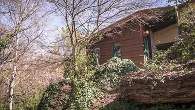 a small house is surrounded by trees and bushes at Lila Cumbrecita in La Cumbrecita
