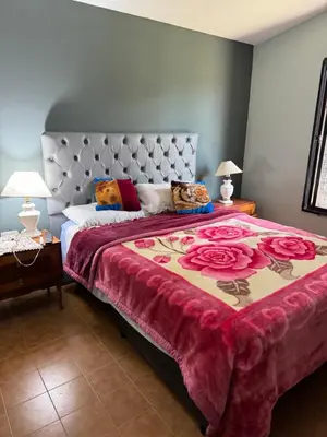 a bedroom with a large bed with roses on it at Chalet BERNI in Villa Carlos Paz