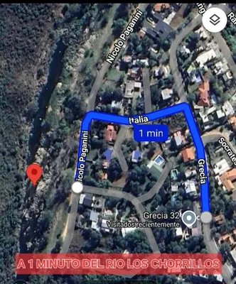 a map of the approximate location of a minuter del fuecolocoloolis at Altos de Grecia Cabaña 3 in Villa Carlos Paz