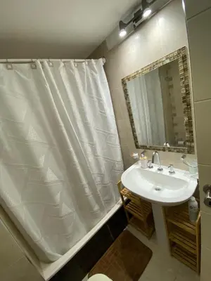 a bathroom with a shower curtain and a sink at Departamento en córdoba, complejo Altos de Villasol , 3 dormitorios, 2 baños in Cordoba