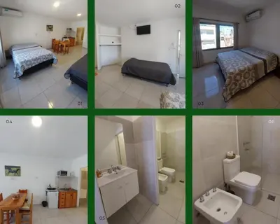 a collage of four pictures of a room at departamentos apart quetzal in Villa Carlos Paz