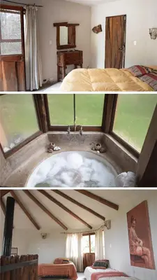 two pictures of a room with a bed and a window at Cabañas Bendita Tierra - Calandrias in Los Molles