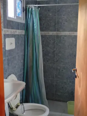 a bathroom with a shower curtain and a toilet at La Casita del Tano con Pileta in Villa Carlos Paz