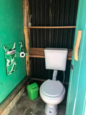 a bathroom with a toilet and a green wall at Glamping Traslasierra Carpa Sur in San Javier