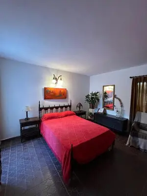 a bedroom with a large red bed in a room at Casa Jaz in Villa Carlos Paz