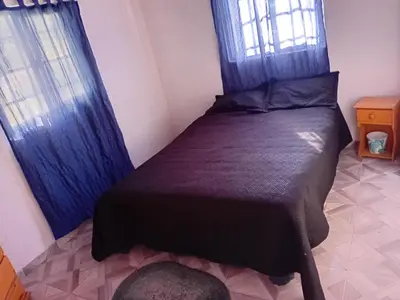a bedroom with a bed with blue curtains and a window at La grina in Bialet Massé