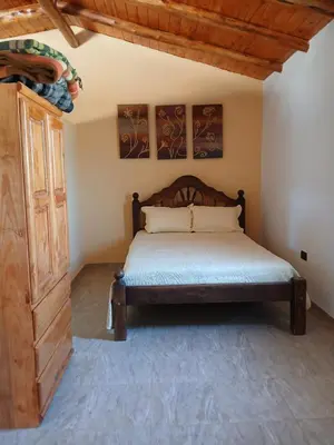a bedroom with a bed and a wooden cabinet at La Soñada in Villa Independencia