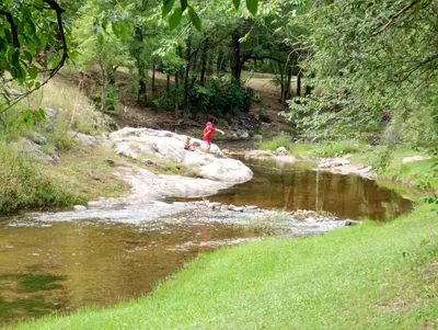 a person and a dog crossing a river at Cabaña de montaña potrero de garay in Potrero de Garay