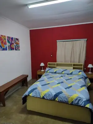 a bedroom with a bed and a red wall at La casona Segunda Usina in Embalse